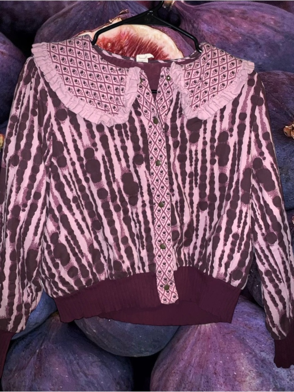 Kate Quinn purple Patterned Button-Up Sweater with Decorative Collar